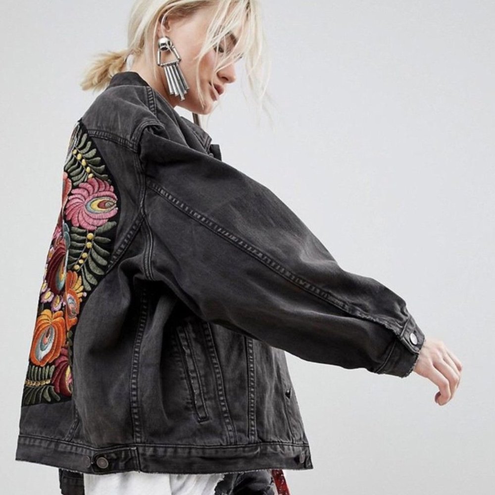 New Boho Embroidered Black Denim Jacket Coat - Picture 3 of 12